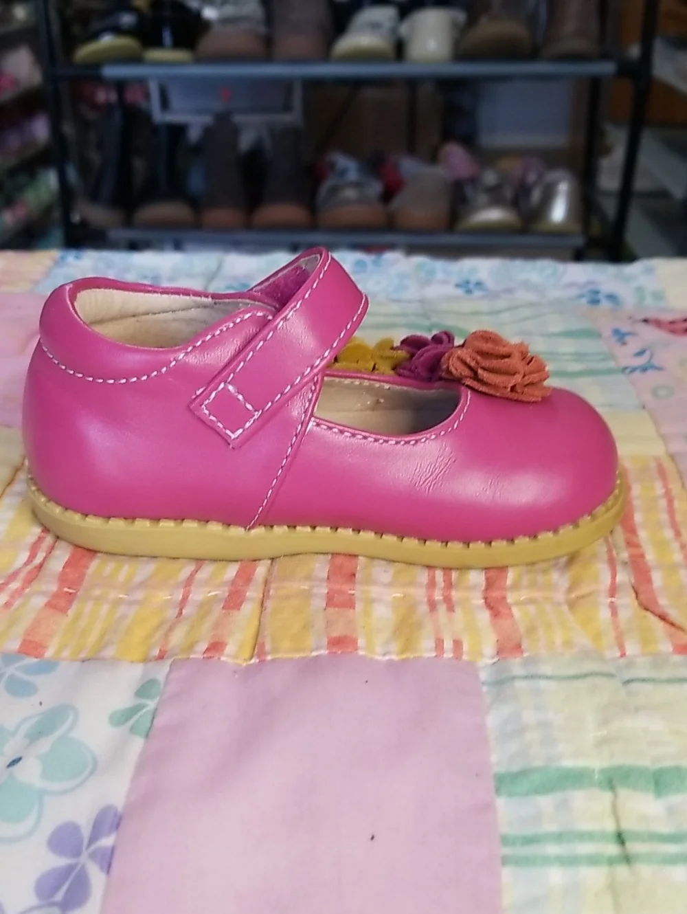Livie & Luca Bright Pink Leather Mary Jane Shoes with Multicolor Suede Flowers 5